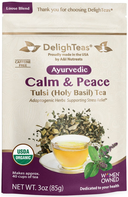 DelighTeas Organic Calm & Peace Tulsi Holy Basil Tea | Ayurvedic Loose Leaf Tulsi, Ashwagandha and Licorice Tea | Adaptogen Blend | USDA Organic, Non-GMO, Caffeine Free, Sugar Free | 40 Servings, 3 oz