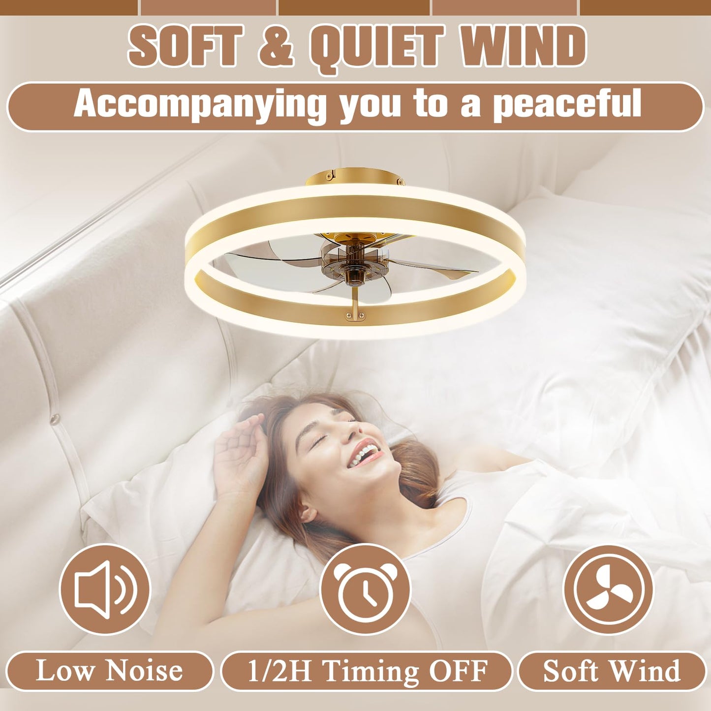 VOLISUN Fandelier Ceiling Fans with Lights and Remote, 15.7in Low Profile Ceiling Fan Flush Mount, 3000K-6500K Dimmable Bladeless Ceiling Fan with Light, Gold Ceiling Fans with Lights for Bedroom