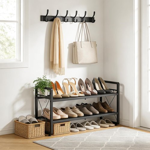 ELYKEN Shoe Rack - 2-Tier Expandable Organizer with 4 Hooks | Metal Black Shoe Shelf for Entryway