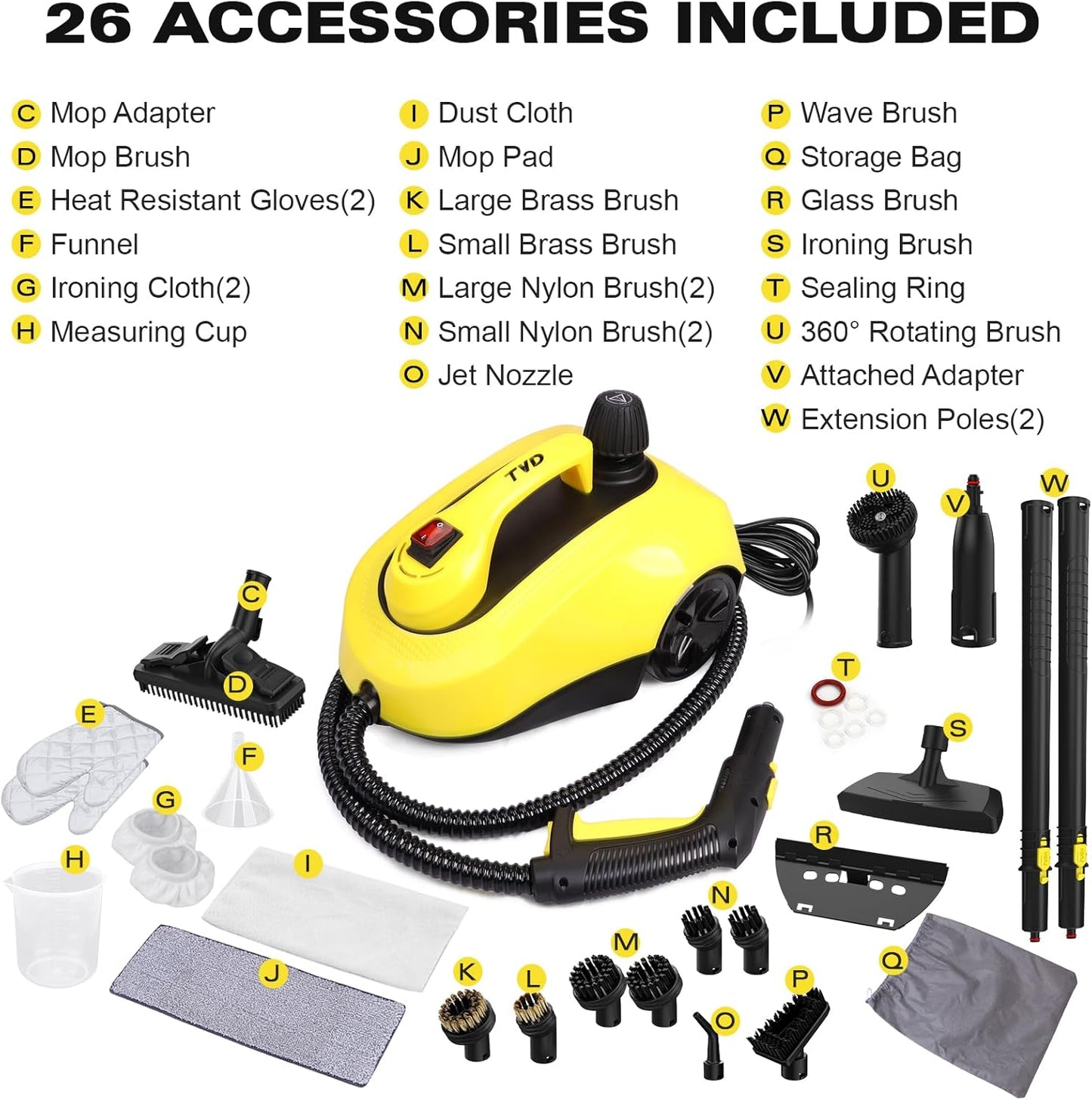 TVD Steam Cleaner - Powerful Home Steamer with 26 Accessories & 5M Extra-Long Power Cord for Deep Cleaning
