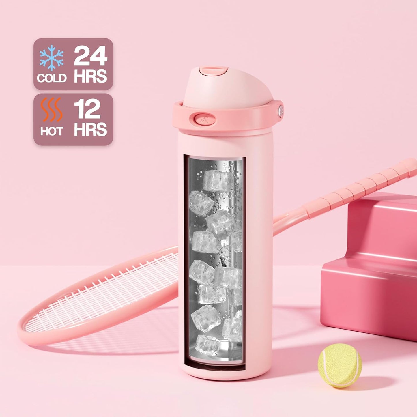 POWCAN 24 oz Insulated Water Bottle - 2-in-1 Lid with Push-Button Spout & Quick-Flip Straw | Leakproof, Stainless Steel, Cotton Candy