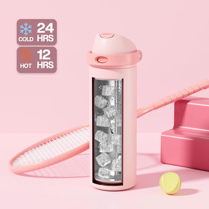 POWCAN 24 oz Insulated Water Bottle - 2-in-1 Lid with Push-Button Spout & Quick-Flip Straw | Leakproof, Stainless Steel, Cotton Candy