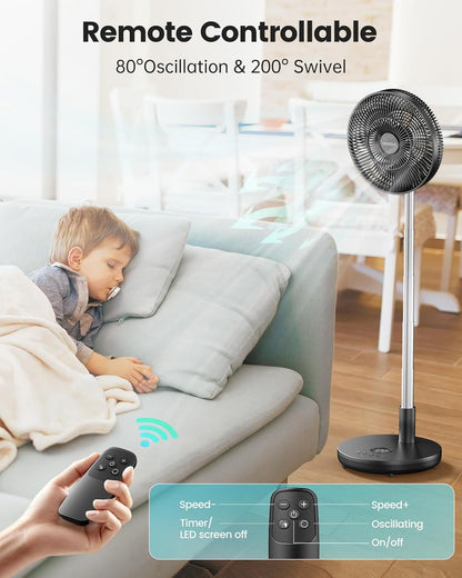 TriPole 12" Portable Rechargeable Standing Fan - Adjustable Height, Remote Control & Timer | 12000mAh Battery (Black)
