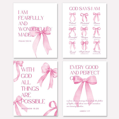 Shescrzionu Coquette Room Decor - 4 PCS Pink Bow Aesthetic Wall Art for College Girls | 10x8 Inch Set