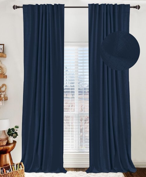 100% Blackout Shield Linen Blackout Curtains for Bedroom 72 Inches Long, Back Tab/Rod Pocket Living Room Drapes, Thermal Insulated Blackout Curtains 2 Panels Set, 50" W x 72" L, Midnight Blue