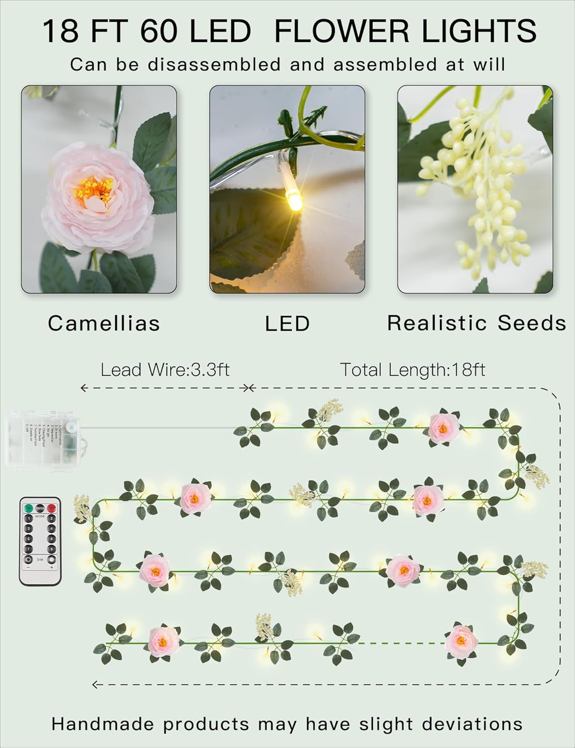 Suddus Flower Garland - Pink Camellia Fairy Lights | 60 LED Battery-Operated Vines with Remote for Indoor Decor