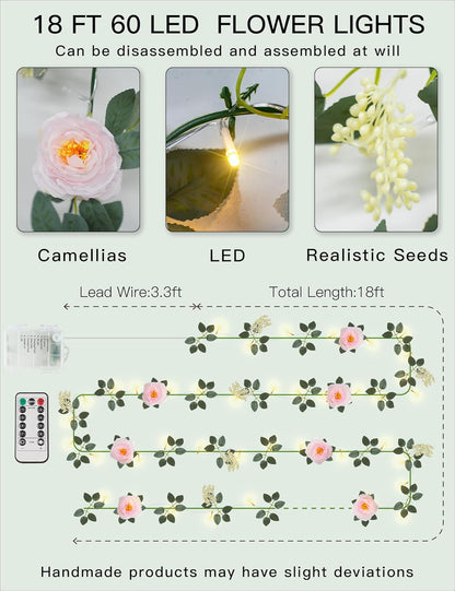 Suddus Flower Garland - Pink Camellia Fairy Lights | 60 LED Battery-Operated Vines with Remote for Indoor Decor