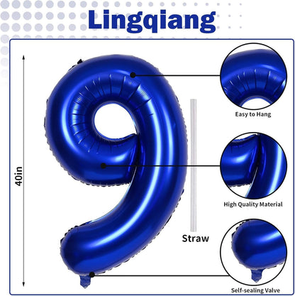 Skiennix 40-Inch Navy Blue Foil Balloon Number 9 - Self-Inflating Helium Balloon for 9th Birthday & Anniversaries