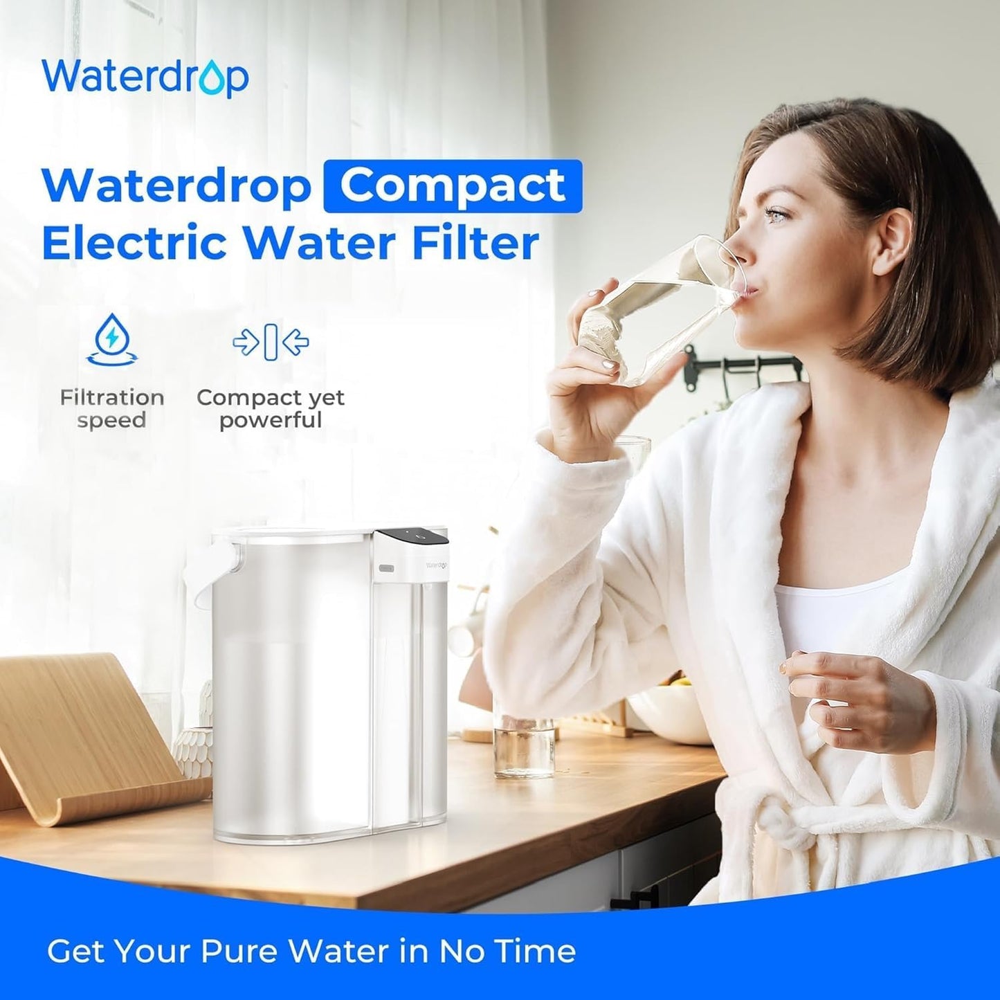 Waterdrop Compact Electric Water Filter Pitcher - 200-Gallon Rechargeable Dispenser | NSF Certified, 14-Cup, White