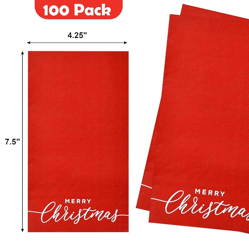 Merry Christmas Guest Napkins Disposable Paper (100) 7.5 x 4.25 in – Red Holly Design
