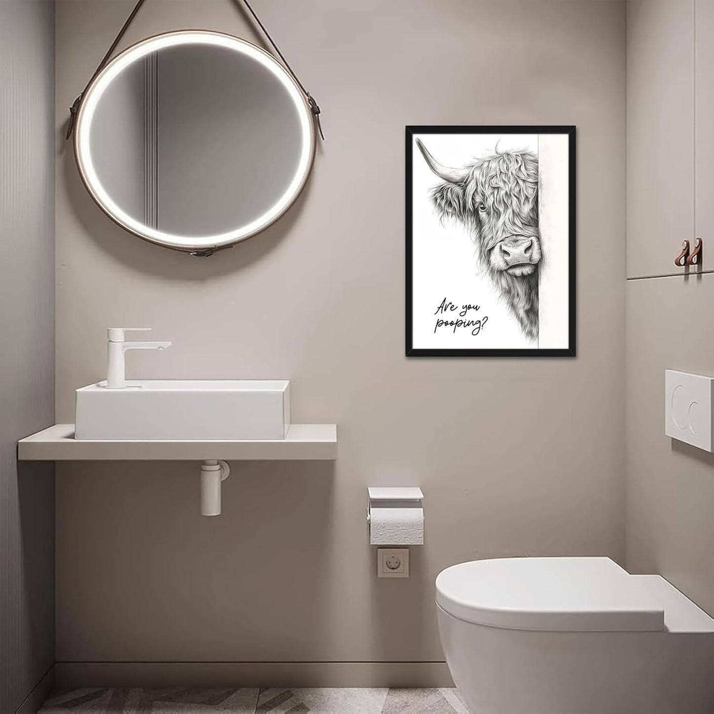 Skiennix Funny Highland Cow Wall Art - Black & White Rustic Bathroom Decor | 12x16 Inch Framed Canvas