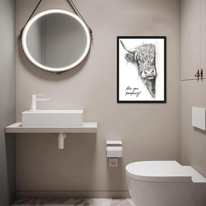 Skiennix Funny Highland Cow Wall Art - Black & White Rustic Bathroom Decor | 12x16 Inch Framed Canvas