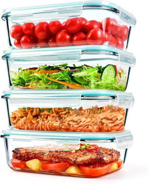 GEHE 4 Pack Large Glass Food Storage Containers - 52 oz Airtight Meal Prep & Baking | BPA Free, Microwave & Oven Safe