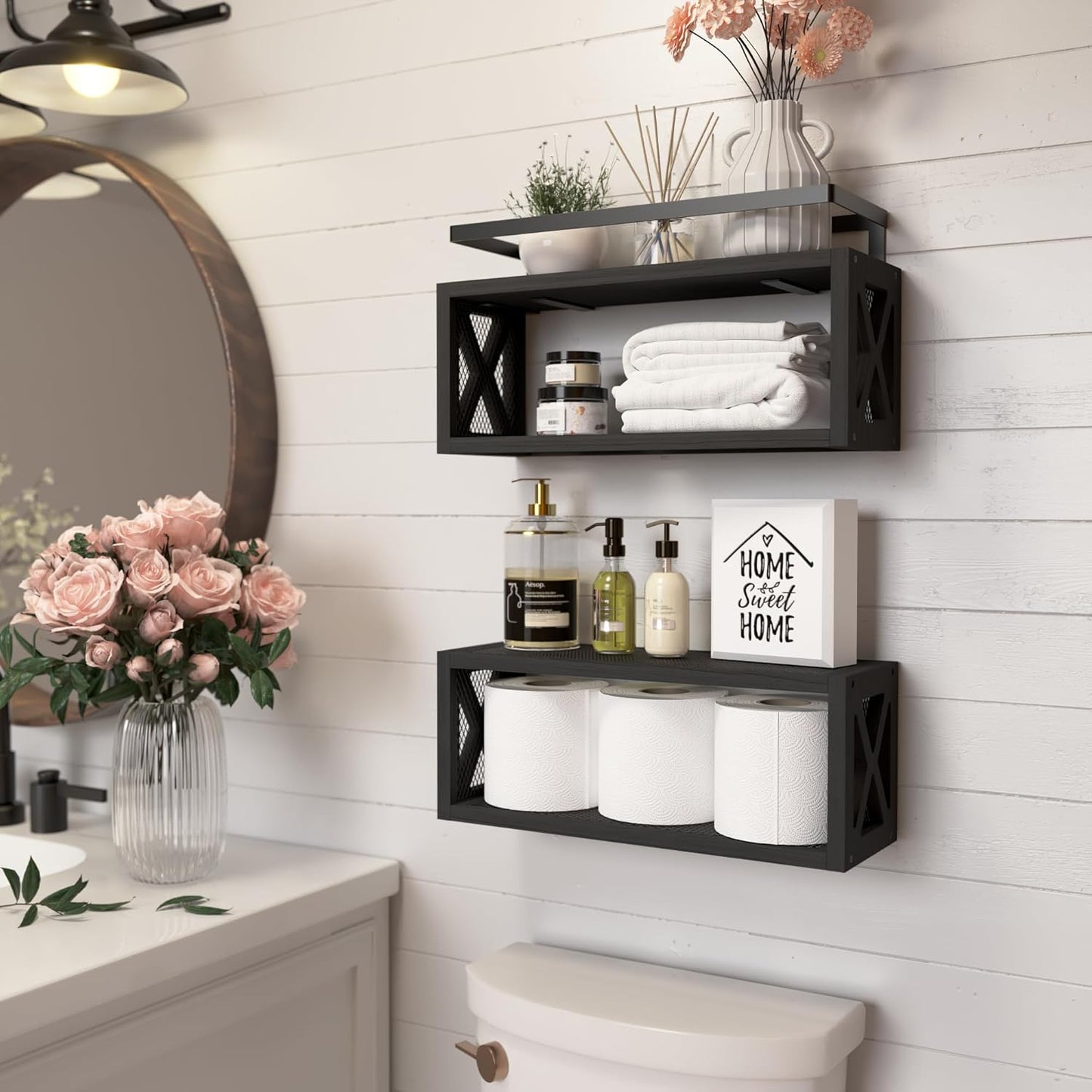 RICHER HOUSE Floating Shelves - Rustic Wood Wall Décor with Guardrail for Bathroom & Kitchen - Black