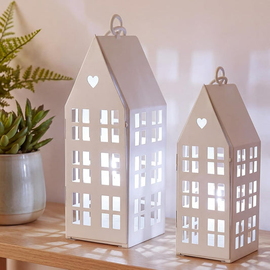 SiliFine White Farmhouse Village Set - 2 Rustic Houses with Candles for Home Decor | Wedding & Valentine's Day