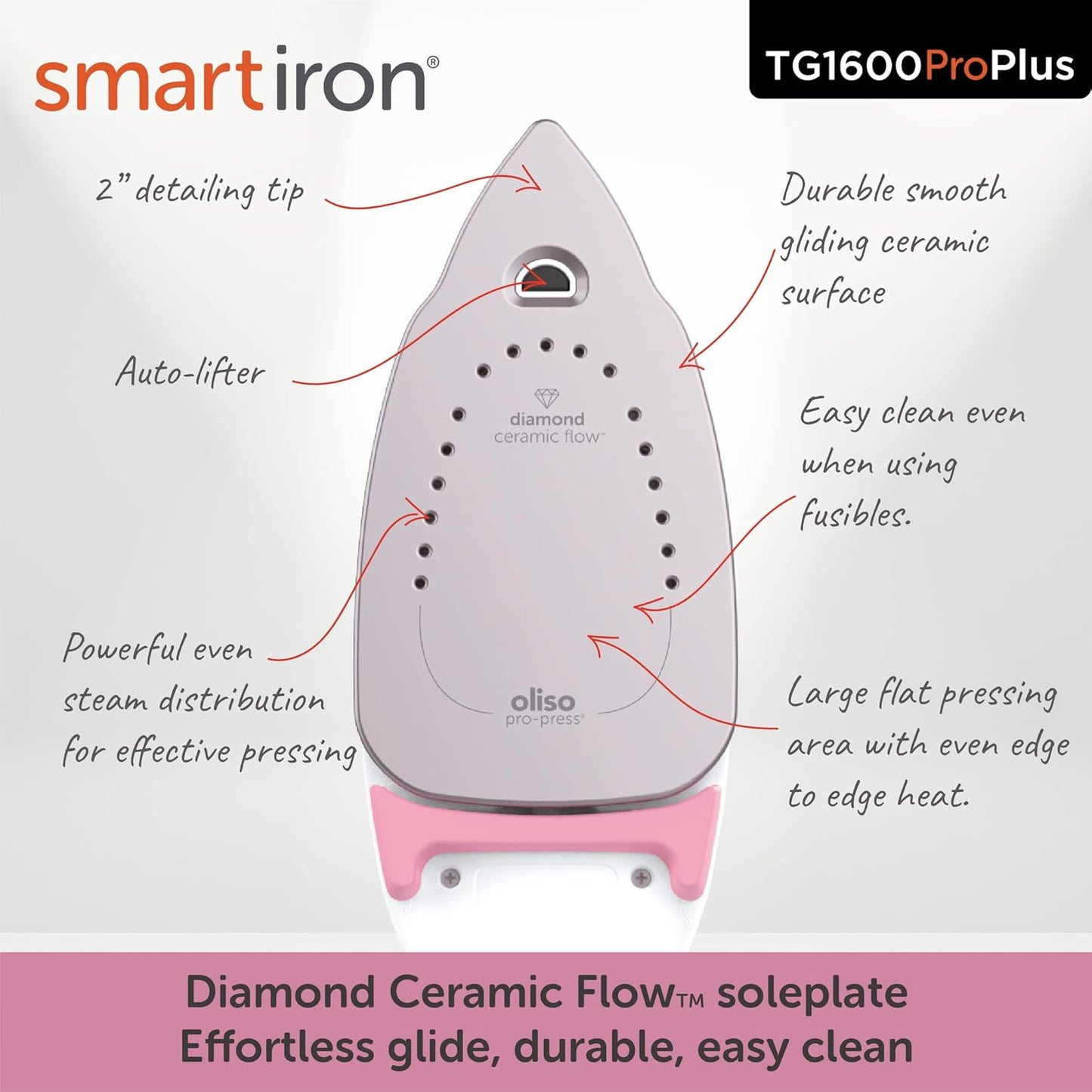 Oliso TG1600 ProPlus Smart Iron - 1800 Watt Steam Iron with Auto-Lift & Diamond Ceramic Soleplate - Rosé