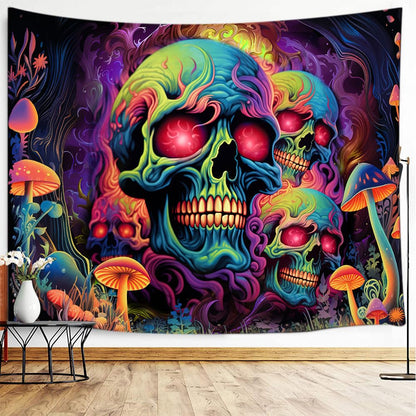 Skull Blacklight Tapestry, UV Reactive Skeleton Tapestry Trippy for Bedroom, Black Light Posters for Adults, Halloween Horror Wall Glow in Dark Tapestry Aesthetic Living Room Dorm Decor 60x40IN