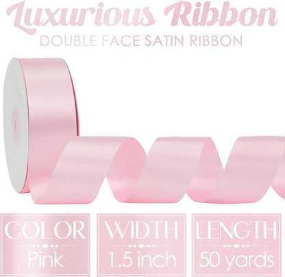 MEEDEE Pink Satin Ribbon - Luxurious Double-Faced 1.5-Inch Ribbon | 50 Yards for Crafts & Weddings