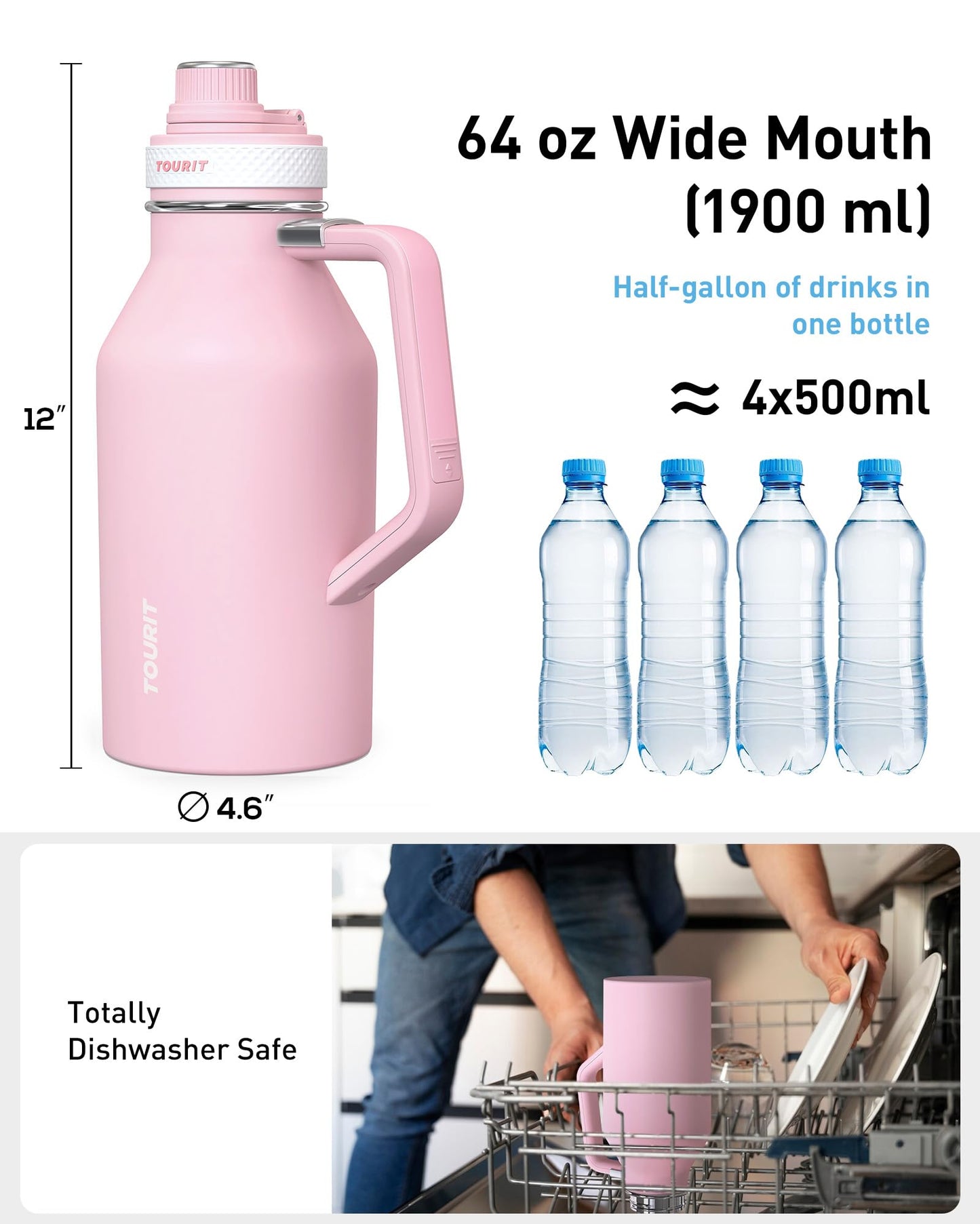 TOURIT 64oz Insulated Water Bottle Stainless Steel, Half Gallon Large Water Jug with 2-in-1 Handle, Double Wall Vacuum Metal Keep Hot & Cold, Wide Mouth Sport Water Flask For Gym, Travel, Pink