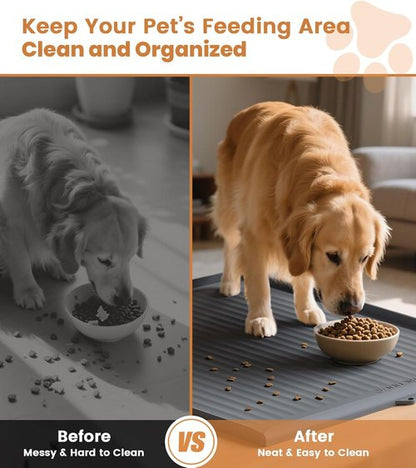 Dog Food Mat - Waterproof Non-Slip Feeding Mat with Raised Edges | 36"x24" Easy to Clean Grey