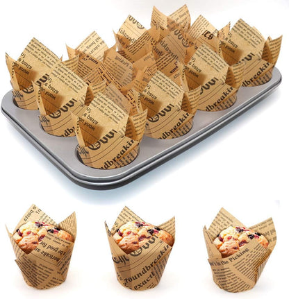 Skiennix Tulip Cupcake Liners - 150 Grease-Proof Baking Cups for Weddings & Parties | Standard Size, Natural Newspaper Print