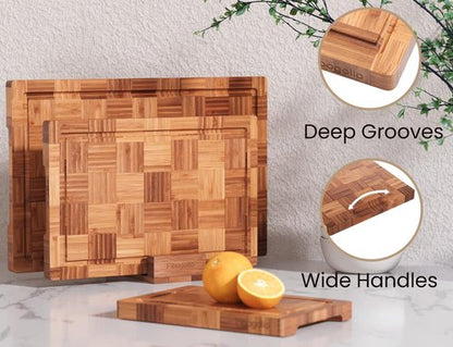 Bamboo Cutting Boards Set - End Grain Butcher Block with Juice Groove | 3-Piece Kitchen Set