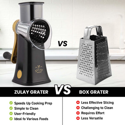 Zulay Kitchen Rotary Cheese Grater 5 Blade Cheese Shredder - Manual Hand Crank Cheese Grater With Reinforced Suction & 5 Interchangeable Drums - Easy to Use, Vegetable Chopper Round Mandoline Slicer