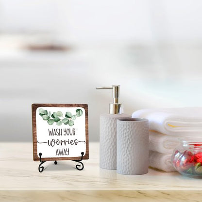 5" Bathroom Decor, Wash Your Worries Away Sign, Funny Bathroom Laundry Room Decor, Bathroom Guest Bathroom Decoration, Funny Toilet Washroom Plaque Sign Decor-A06