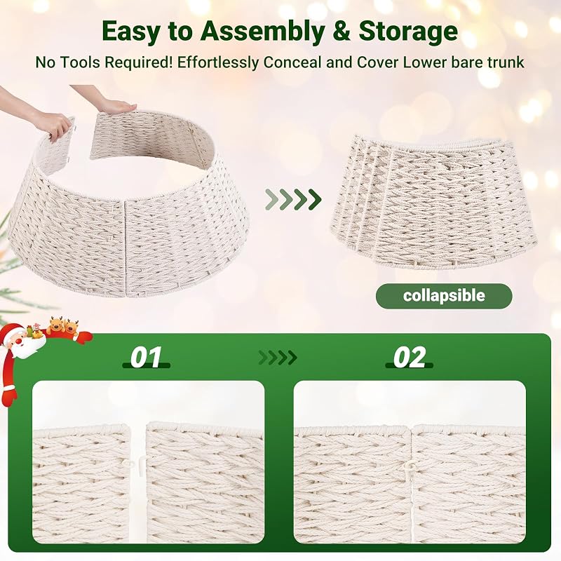 28 Inch Cream Christmas Tree Collar - Woven Cotton Rope with Metal Frame