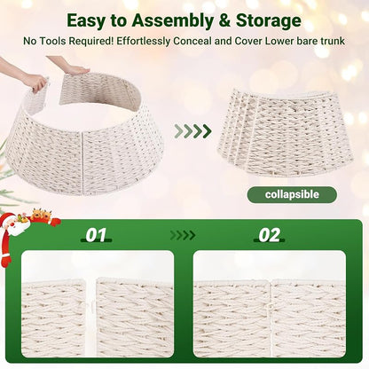 28 Inch Cream Christmas Tree Collar - Woven Cotton Rope with Metal Frame