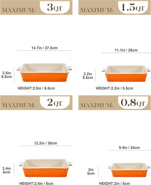 MALACASA Bakeware Set - 4-Piece Porcelain Baking Pans for Oven | Casserole & Lasagna Dishes in Orange (9.4" - 14.7")