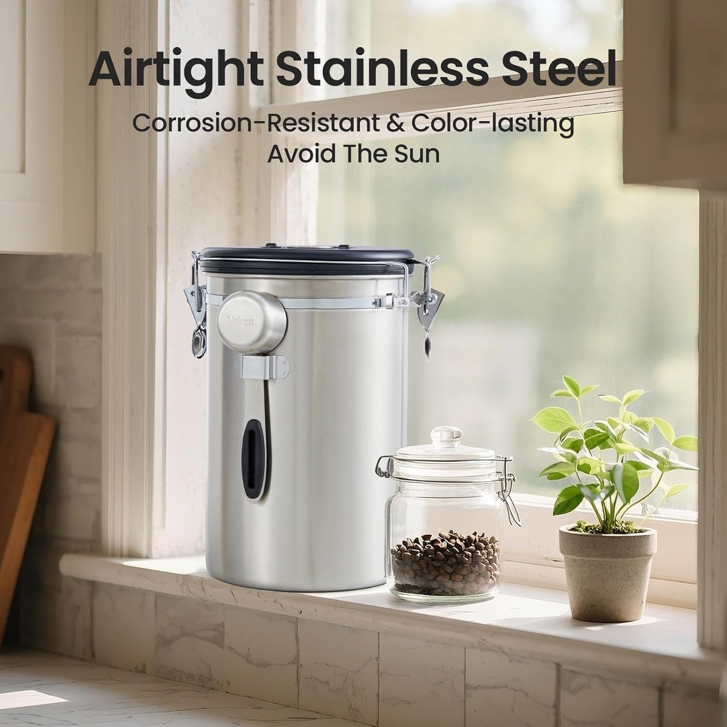 Veken Coffee Canister - 39oz Airtight Stainless Steel Storage for 2.2lbs Coffee, Sugar & Tea | Silver with Date Tracker & Scoop