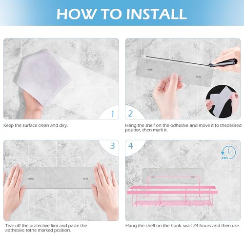 Durmmur Adhesive Shower Caddy Organizer - Rustproof Wall-Mounted Storage Shelf Rack | 2 Pack, Pink