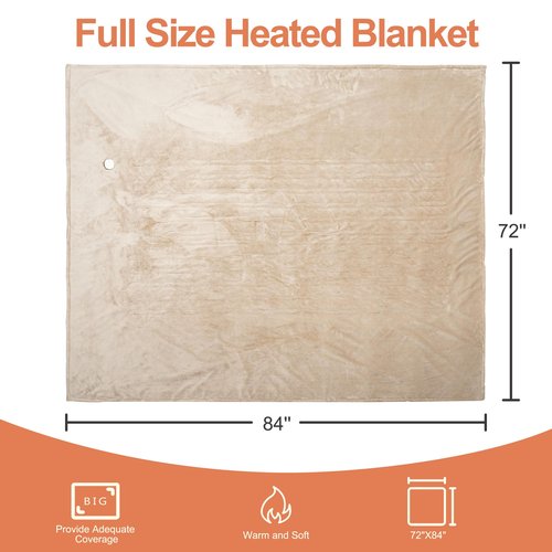 FluffyWarmth Electric Heated Blanket Full Size,72"X84" Electric Blanket Throw with 3 Heating Settings,8 Hours Auto Shut Off, Soft Flannel and Sherpa for Bed Use, Beige