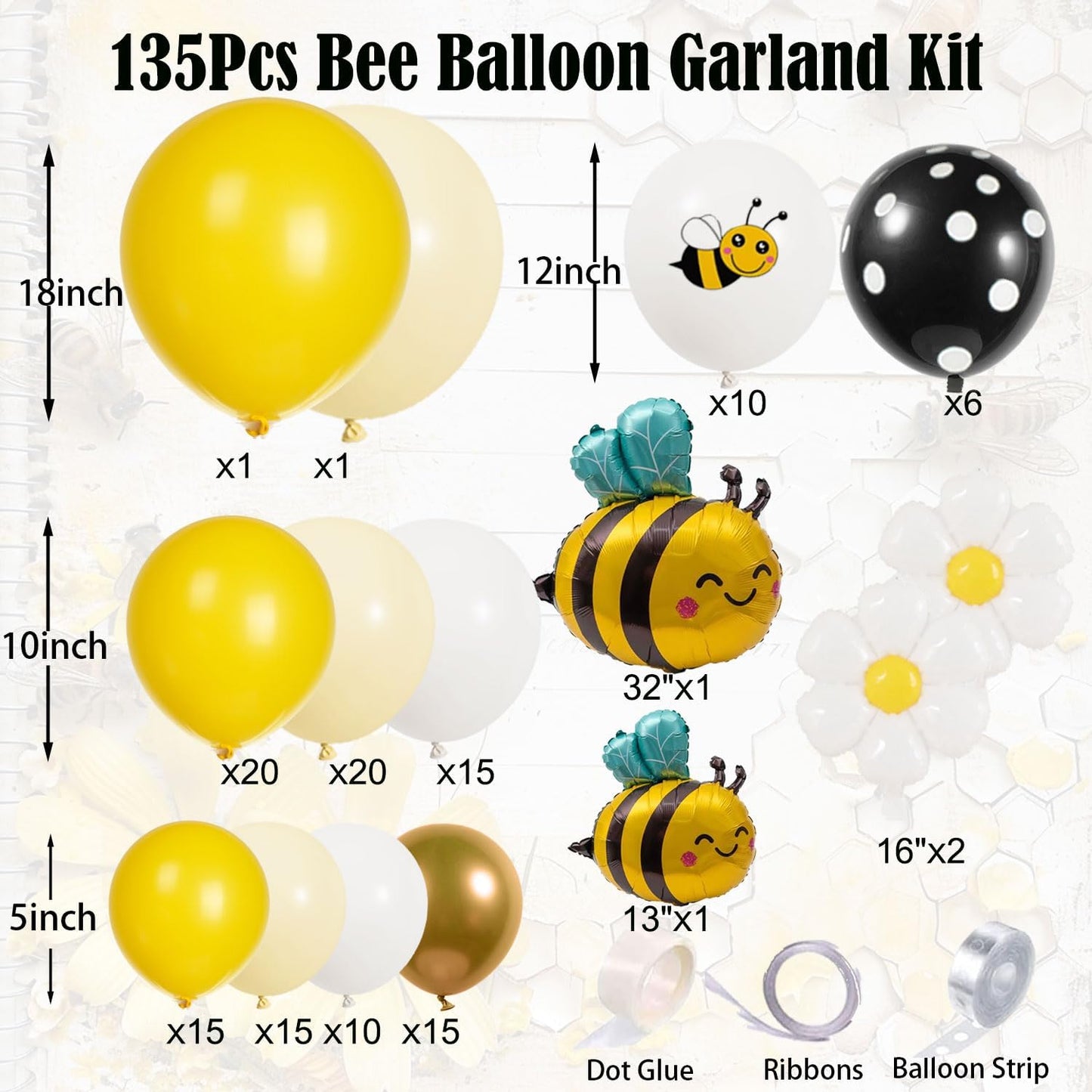 Bumble Bee Balloon Garland Kit - 135Pcs Yellow, Black & White Arch for Baby Showers & Birthday Parties