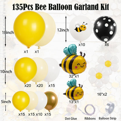 Bumble Bee Balloon Garland Kit - 135Pcs Yellow, Black & White Arch for Baby Showers & Birthday Parties