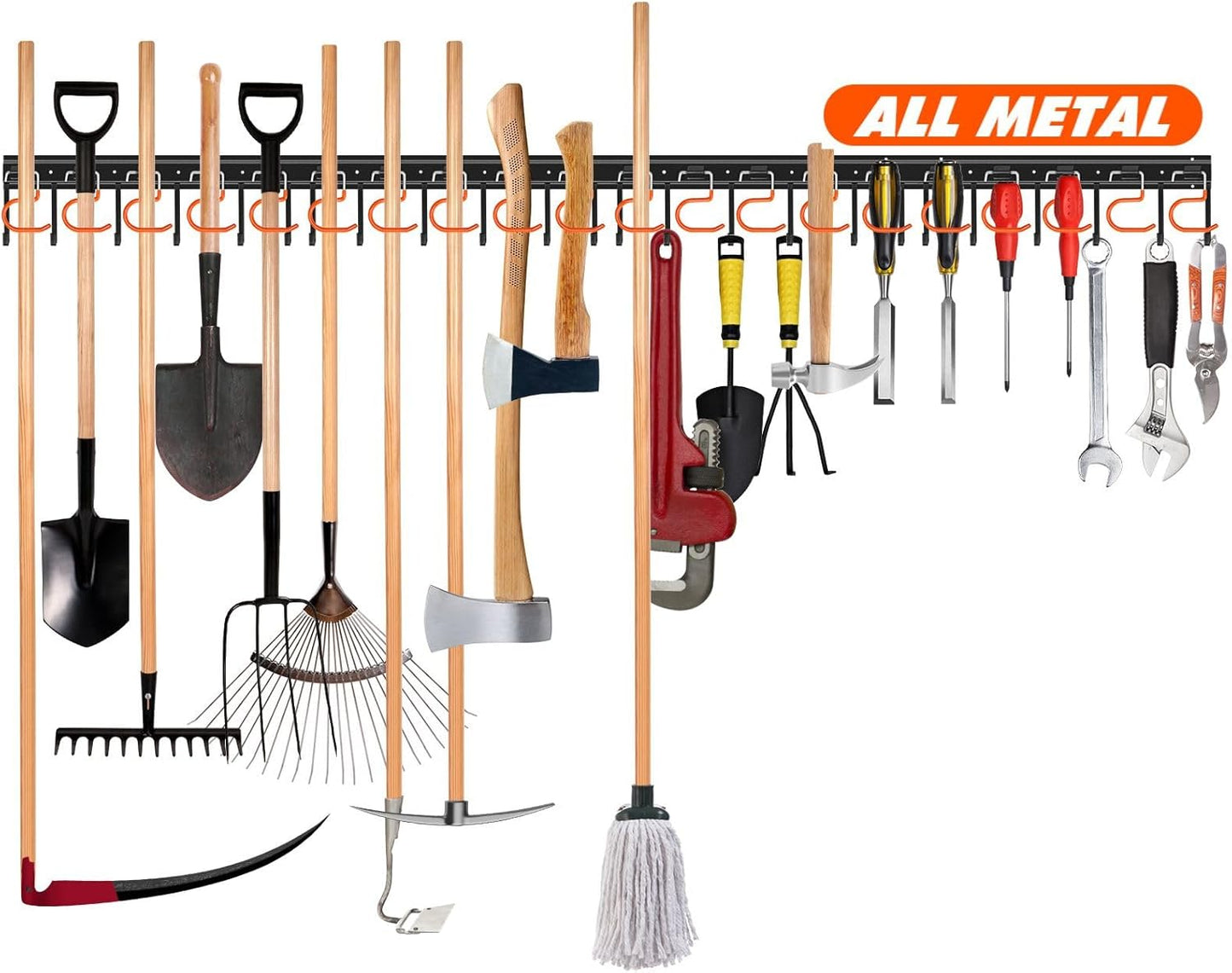TVKB 68'' Adjustable Metal Garden Tool Organizer - Heavy-Duty Wall Mount Storage with Hooks