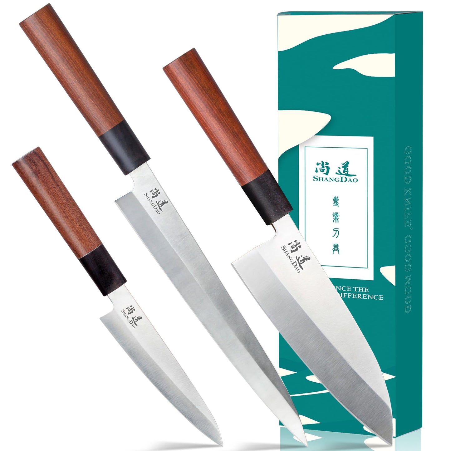 SHANGDAO Japanese Kitchen Knife Set, 3 Piece Sushi Chef Knife, 10”Yanagiba-7”Deba-5”Utility Kitchen Knife Cooking Knives, Premium German Stainless Steel & Traditional Wooden Handle, Gift Box