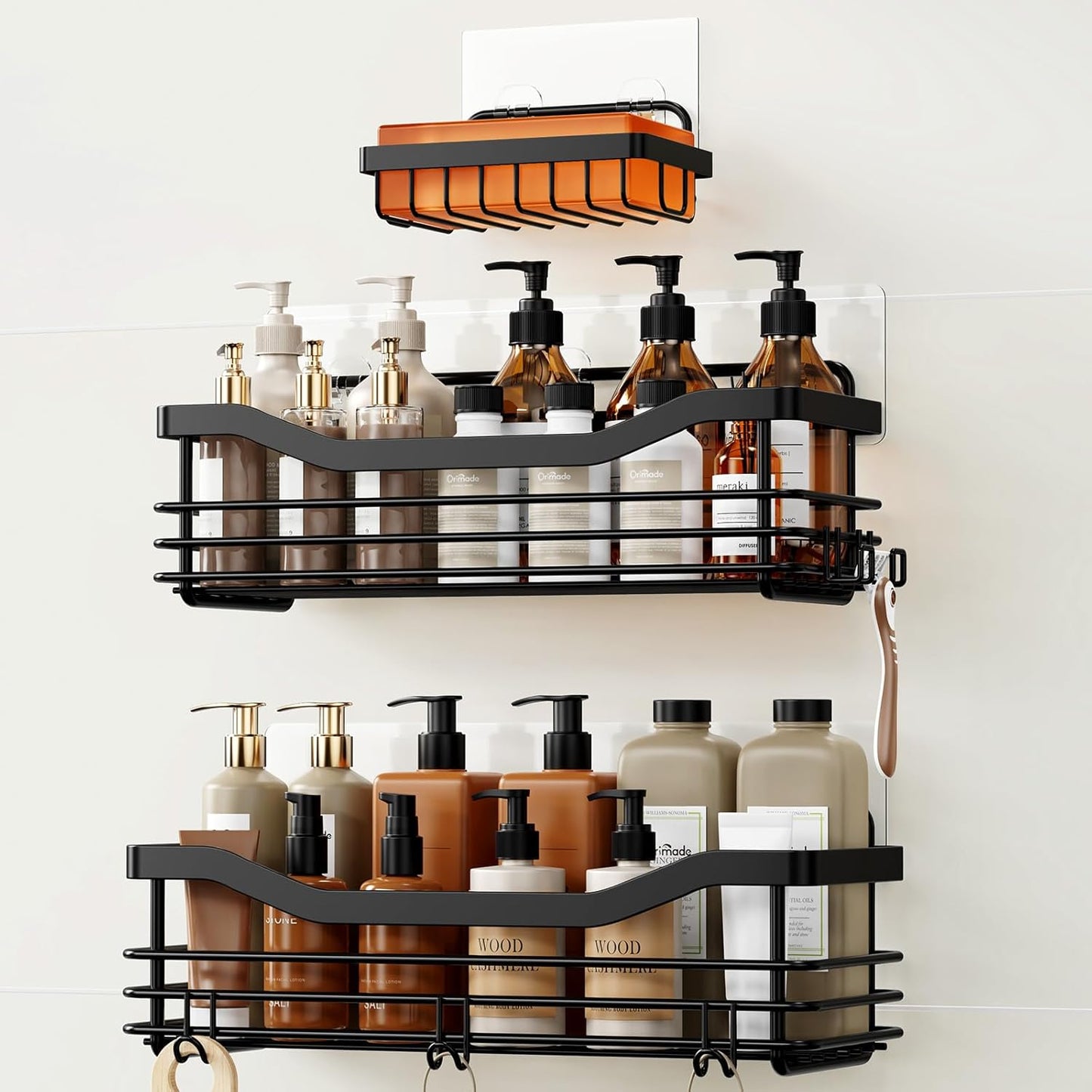 Orimade Shower Caddy - Wall-Mounted Bathroom Organizer with 5 Hooks | No Drilling, SUS304 Stainless Steel - 3 Pack, Black