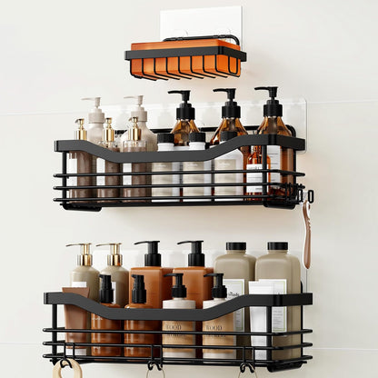 Orimade Shower Caddy - Wall-Mounted Bathroom Organizer with 5 Hooks | No Drilling, SUS304 Stainless Steel - 3 Pack, Black