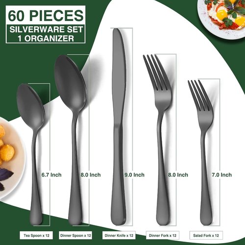 AIVIKI 60-Piece Stainless Steel Flatware Set - Elegant Black Silverware for 12 | Includes Knife, Fork, Spoon & Organizer