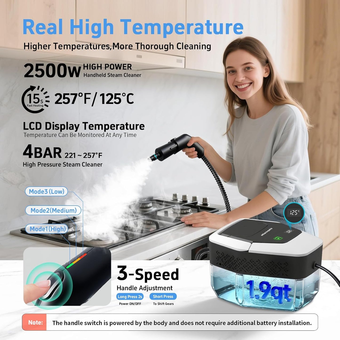 Skiennix Steam Cleaner - High-Temperature 257℉ Handheld Steamer for Home & Car | 1.9 Quart Capacity