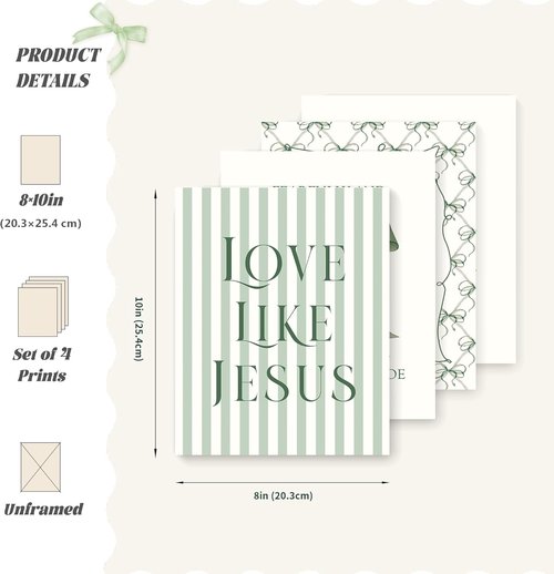 LARTSFRO Coquette Green Bow Wall Art Decor - Inspirational Bible Verses | Set of 4 Unframed 10x8 Inch Pictures for Christian Room Aesthetic