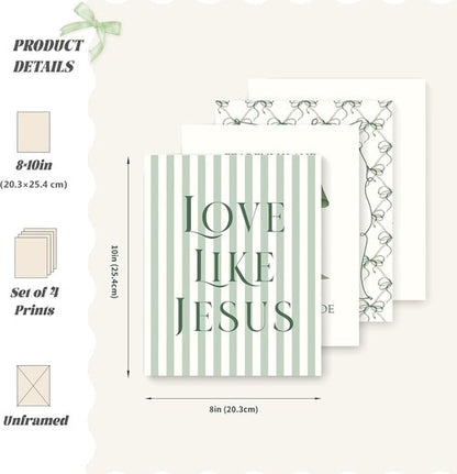 LARTSFRO Coquette Green Bow Wall Art Decor - Inspirational Bible Verses | Set of 4 Unframed 10x8 Inch Pictures for Christian Room Aesthetic