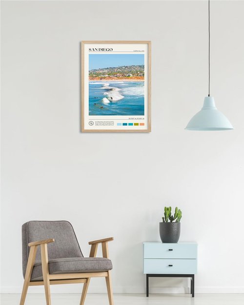 HesenDot Framed Wall Art - Natural Oak Wood Surfing Canvas Print | 12x16in Seascape Decor for Home & Office