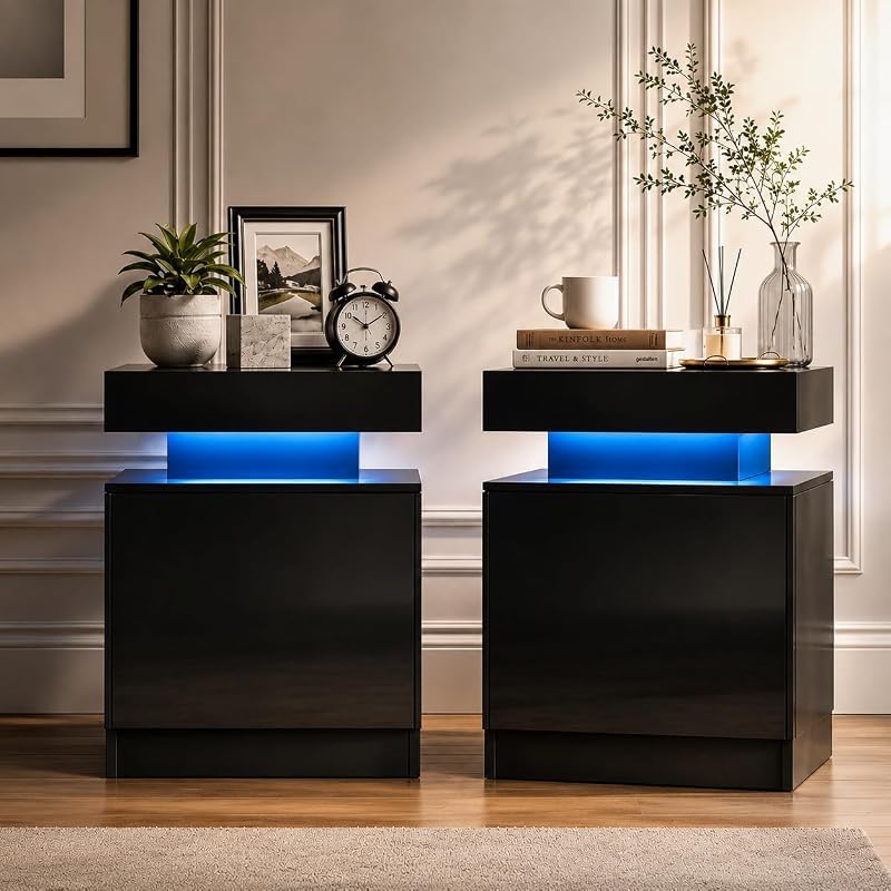 Nightstand Set of 2 with RGB LED Lights, Black – 17.7 inch Variation