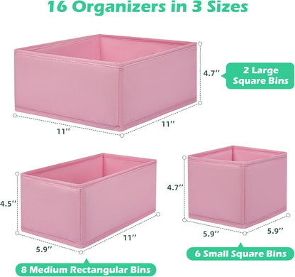 Skiennix Drawer Organizer - 16-Pack Fabric Dividers for Underwear, Baby Clothes & Accessories - Pink