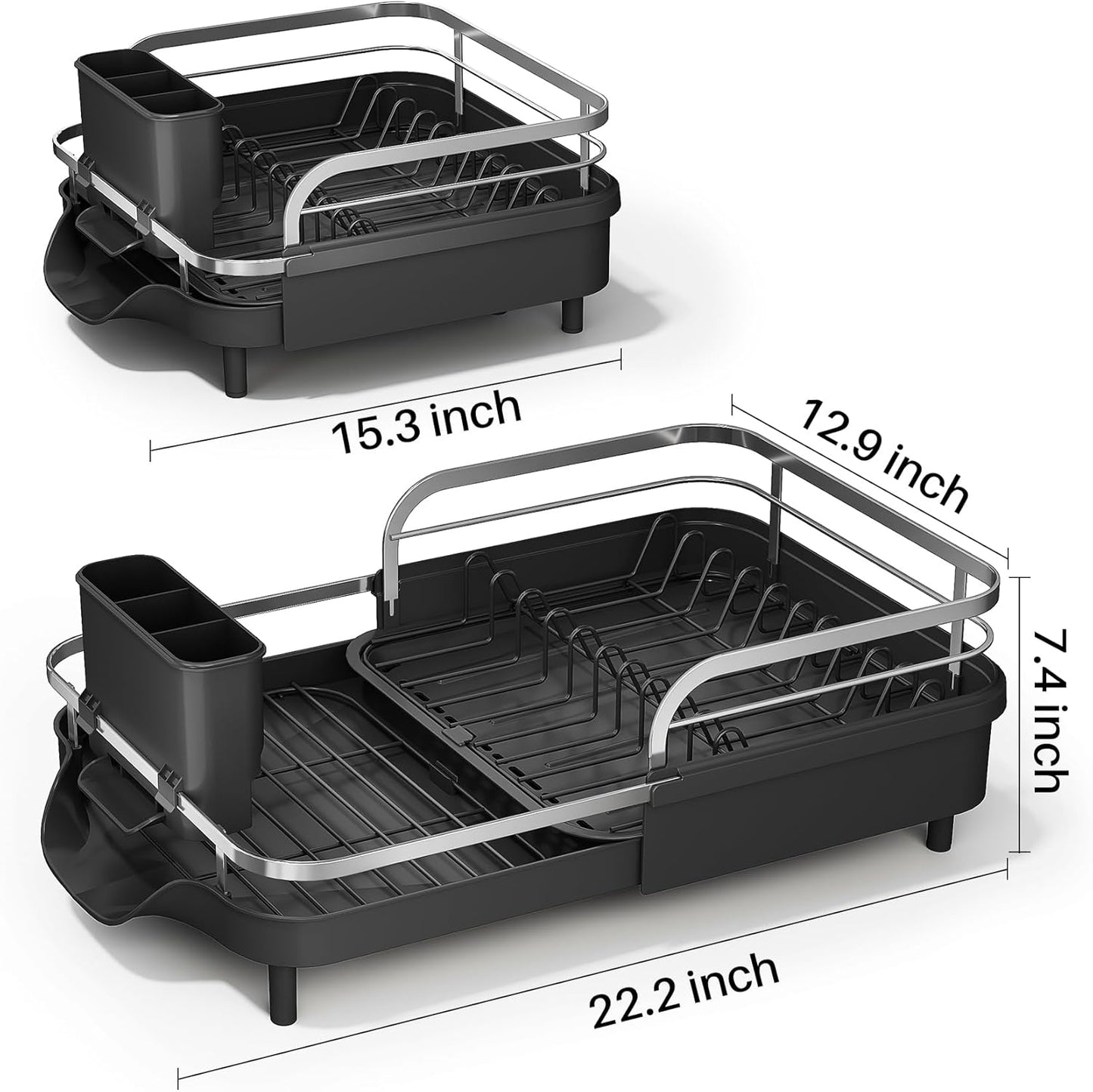 SAYZH Dish Drying Rack - Expandable Rust-Resistant Kitchen Organizer with Utensil Holder | Black