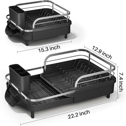 SAYZH Dish Drying Rack - Expandable Rust-Resistant Kitchen Organizer with Utensil Holder | Black