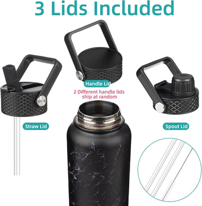 Skiennix 32 Oz Insulated Stainless Steel Water Bottle - Marble Midnight | 3 Lids Included
